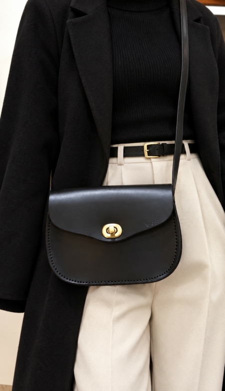 Sac pour femme en cuir noir à bandoulière "Cerise" - tourniquet